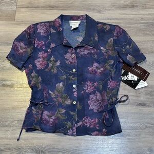 NWT VTG Karin Stevens purple Floral semi sheer button blouse shoulder pads sz 10